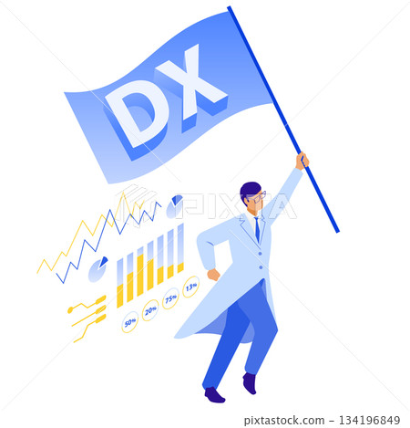 等距視角插圖，描繪了一位男醫師手持診斷旗奔跑的場景。 134196849