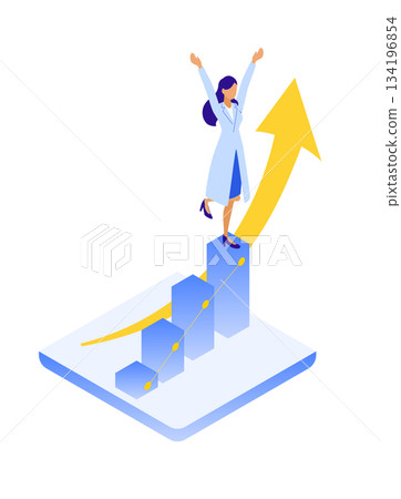 等距插圖，描繪了一位女醫生為醫療數位轉型的成功而歡欣鼓舞的場景。 134196854