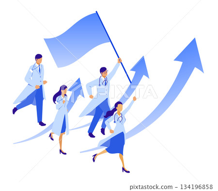 Isometric illustration of a doctor holding a flag and a DX promotion team 134196858