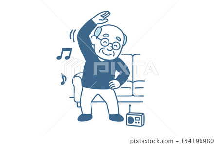 Senior men doing radio exercises and stretching Senior men doing radio exercises and stretching 134196980