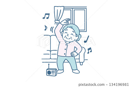 老年婦女喜歡收聽廣播進行鍛鍊和伸展運動 老年婦女喜歡收聽廣播進行鍛鍊和伸展運動 134196981