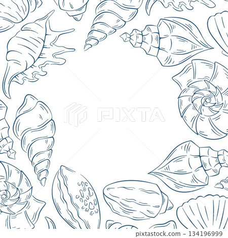 Seashell with empty copy space frame in line art style. Ocean marine animal shell pattern for greeting card, banner, poster design. 134196999