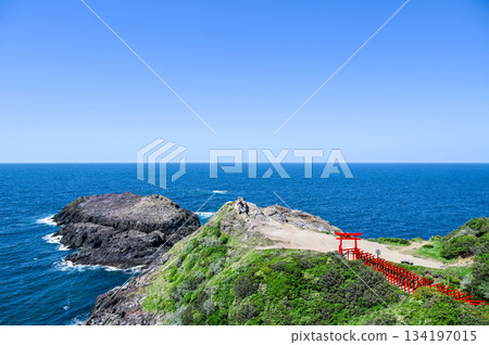 山口縣的元之隅神社,藍天白雲,陽光燦爛,紅色的鳥居構成了一幅美麗的景象。 山口縣的元之隅神社,藍天白雲,陽光燦爛,紅色的鳥居構成了一幅美麗的景象。 134197015
