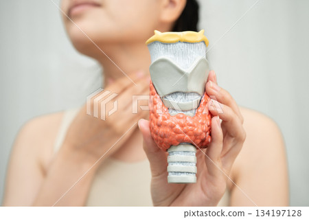 Hyperthyroidism, Overactive Thyroid, Thyroid Lymphoma, Asian woman with thyroid gland human anatomy model. 134197128