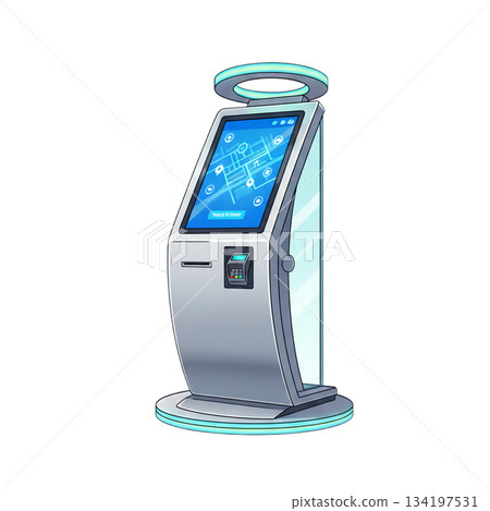 Modern Interactive Kiosk Terminal Illustration Featuring Touchscreen Display and Payment System for Efficient Self-Service Solutions in Public and Commercial Spaces 134197531