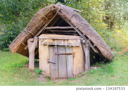 Ancient countryside basement made of clay and wood. Sunny day. Aged wooden peasant house. Retro roof. 134197533