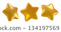 3D set of Golden Star in different angles. Glossy gold floating star for rating, reward, review, holiday, Birthday, or Christmas. 3d render on transparent background 134197569