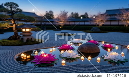 Zen garden at dusk with lotus flowers, candles, bonsai and lantern. Hanamatsuri celebration. 134197626
