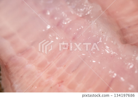 在砧板上剔除比目魚魚片的圖片 134197686