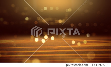 Rustic wooden table surface with colorful bokeh lights background. Mockup, template, or copy space. Product display and promotional content 134197802