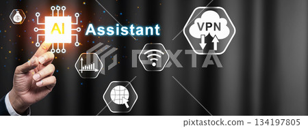 Hand touching an AI icon surrounded by various network and data related icons on a dark abstract background. Concept of AI Assistant Hand touching an AI icon surrounded by various network and data related icons on a dark abstract background. Concept of AI Assistant 134197805
