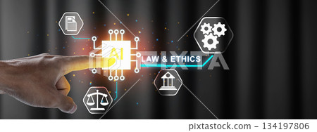 Intersection of artificial intelligence, law, and ethics, featuring a human hand interacting with a digital interface and icons. Concept of AI Law and ethnics Intersection of artificial intelligence, law, and ethics, featuring a human hand interacting with a digital interface and icons. Concept of AI Law and ethnics 134197806