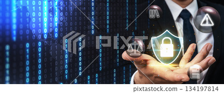 Businessman holding glowing shield with a padlock icon, surrounded by legal scales, warning signs, document folders, and binary code, representing data protection. Concept of Data Privacy Enforcement Businessman holding glowing shield with a padlock icon, surrounded by legal scales, warning signs, document folders, and binary code, representing data protection. Concept of Data Privacy Enforcement 134197814