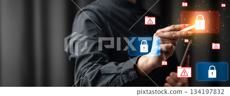 Person using a touchscreen to secure their online data with lock protection technology. Concept of cybersecurity and data privacy Person using a touchscreen to secure their online data with lock protection technology. Concept of cybersecurity and data privacy 134197832