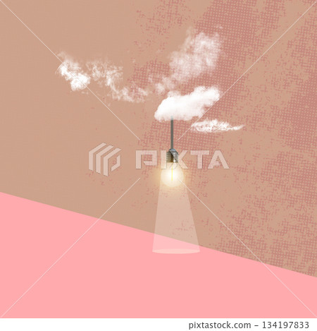 Lightbulb seemingly connected to fluffy clouds. The background is a pastel color palette, creating a calming and imaginative scene. Collage art. Concept of Ideas Lightbulb seemingly connected to fluffy clouds. The background is a pastel color palette, creating a calming and imaginative scene. Collage art. Concept of Ideas 134197833