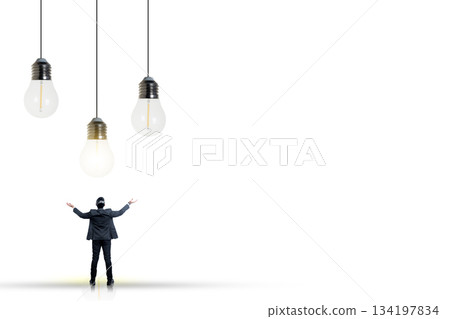 Rear view of a Businessman standing with open arms under hanging lightbulbs. Concept of logic, innovation, inspiration, and creative thinking Rear view of a Businessman standing with open arms under hanging lightbulbs. Concept of logic, innovation, inspiration, and creative thinking 134197834