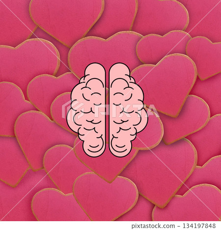 Brain symbolizing the connection between critical thinking, wisdom, and rationality, surrounded by numerous hearts representing feelings, love, and passion. Collage art Brain symbolizing the connection between critical thinking, wisdom, and rationality, surrounded by numerous hearts representing feelings, love, and passion. Collage art 134197848