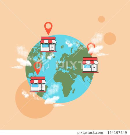 Earth map with a global retail network with pin locations on different continents, representing business expansion, and worldwide distribution of stores. Collage art. Concept of Expand Earth map with a global retail network with pin locations on different continents, representing business expansion, and worldwide distribution of stores. Collage art. Concept of Expand 134197849