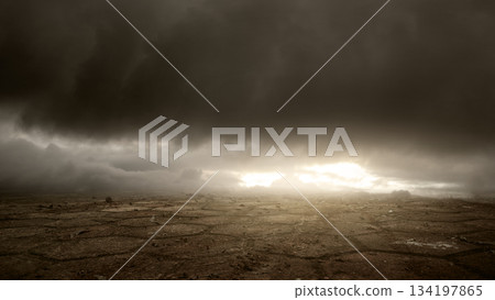 Dramatic cloudscape hovering over a barren and cracked landscape. Abstract background Dramatic cloudscape hovering over a barren and cracked landscape. Abstract background 134197865