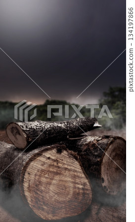 Stacked firewood logs with a blurred forest background, set in a mist environment. Concept of Deforestation Stacked firewood logs with a blurred forest background, set in a mist environment. Concept of Deforestation 134197866