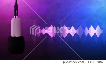 Microphone with a sound wave visualizer on a vibrant neon color gradient background. Podcasting, audio recording, music production, and broadcasting Microphone with a sound wave visualizer on a vibrant neon color gradient background. Podcasting, audio recording, music production, and broadcasting 134197887