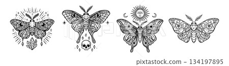 Set of mystical boho moths with celestial and esoteric symbols 134197895