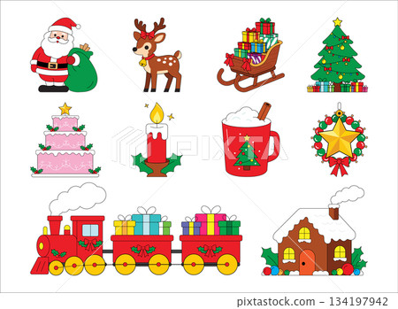 Cute Cartoon Christmas Clip Art Set Santa Claus, Reindeer, Train & Gingerbread House Icons 134197942