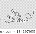 Easter Bunny jumping on the lawn and Easter Egg One Continuous line Easter Holiday Minimalist Design. Isolated Vector illustration Greetings Thematic Cards Invite Promo Banner, leaflets, media posting 134197955