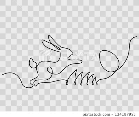 Easter Bunny jumping on the lawn and Easter Egg One Continuous line Easter Holiday Minimalist Design. Isolated Vector illustration Greetings Thematic Cards Invite Promo Banner, leaflets, media posting Easter Bunny jumping on the lawn and Easter Egg One Continuous line Easter Holiday Minimalist Design. Isolated Vector illustration Greetings Thematic Cards Invite Promo Banner, leaflets, media posting 134197955