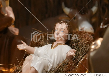 Creche with Jesus Christ. Christmas nativity scene 134198089