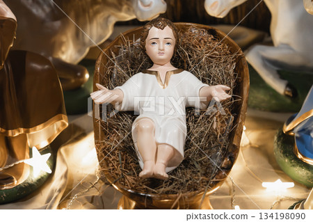 Creche with Jesus Christ. Christmas nativity scene Creche with Jesus Christ. Christmas nativity scene 134198090