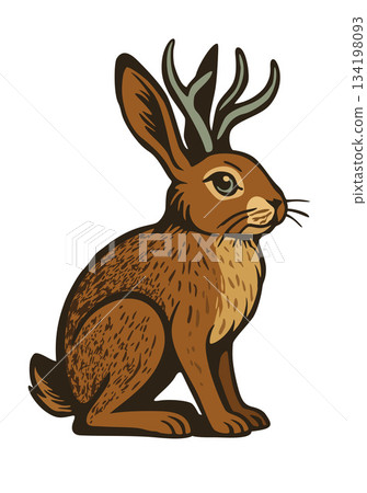 Jackalope, mythical wild hare with deer horns. Vector isolated illustration Jackalope, mythical wild hare with deer horns. Vector isolated illustration 134198093
