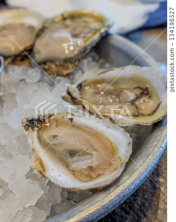 Closeup of fresh oysters on ice with lemon wedges Closeup of fresh oysters on ice with lemon wedges 134198327