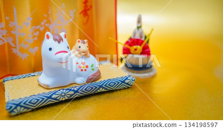 Horse parent and child and New Year's decorations Horse parent and child and New Year's decorations 134198597