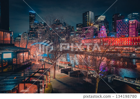 Buildings and river at night 134198780