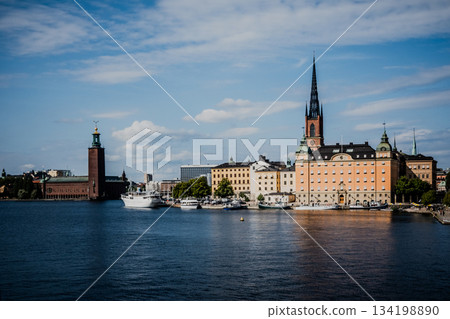 Stockholm Sweden panoramic view downtown and Gamla Stan Old Town over calm water Stockholm Sweden panoramic view downtown and Gamla Stan Old Town over calm water 134198890