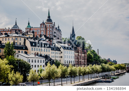 Stockholm Sweden panoramic view downtown and Gamla Stan Old Town over calm water 134198894