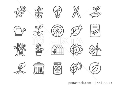 Set of 20 clean line vector icons for nature, ecology, gardening, and sustainability. Includes plants, recycling, and green energy symbols. Black outline design isolated on white background. 134199043