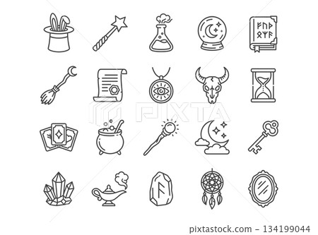 Magic line icons. A collection of 20 mystical symbols like potion, spellbook, wand, and crystal ball. Perfect for fantasy and witchcraft projects. Vector outline style. Magic line icons. A collection of 20 mystical symbols like potion, spellbook, wand, and crystal ball. Perfect for fantasy and witchcraft projects. Vector outline style. 134199044