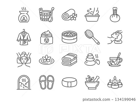 Spa and wellness line icons set. Vector black outline illustration collection of beauty, relaxation, massage, sauna, herbal therapy and body care symbols isolated on white background. Spa and wellness line icons set. Vector black outline illustration collection of beauty, relaxation, massage, sauna, herbal therapy and body care symbols isolated on white background. 134199046