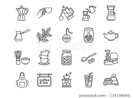 Coffee and tea line icon set. Vector illustrations of brewing gear, moka pot, french press, teapot, matcha, and accessories in a clean outline style. 134199048