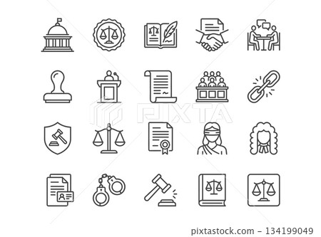 Law and justice line icon set. 20 outline symbols including gavel, scales, judge, courthouse, handcuffs, and legal documents for web and app design. Law and justice line icon set. 20 outline symbols including gavel, scales, judge, courthouse, handcuffs, and legal documents for web and app design. 134199049