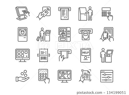 Self-service kiosk and terminal line icons. Vector illustrations of ATMs, vending machines, payment methods, biometric scanners, and automated retail interactions in a clean outline style. 134199051