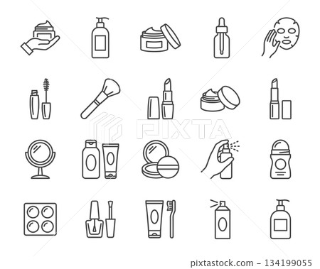 A set of 20 clean line vector icons for cosmetics, skincare, and beauty products. Includes makeup, creams, bottles, and tools. Black outline design on white background. A set of 20 clean line vector icons for cosmetics, skincare, and beauty products. Includes makeup, creams, bottles, and tools. Black outline design on white background. 134199055