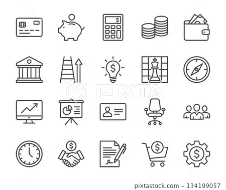 Set of 20 clean line vector icons for business and finance. Includes money, banking, strategy, growth, and office symbols. Minimalist black outline design on white background. 134199057