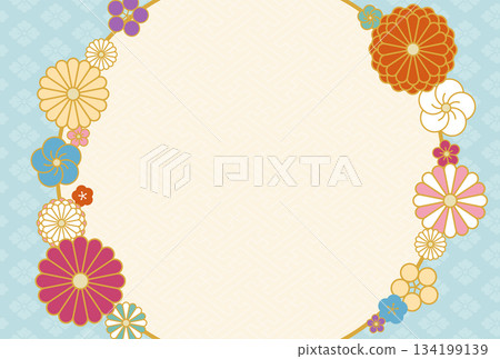 色彩繽紛的花卉和日式圖案背景邊框插圖 134199139