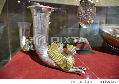 Silver cup and rhyton, National Historical Museum, Boyana, Sofia suburb, Bulgaria Silver cup and rhyton, National Historical Museum, Boyana, Sofia suburb, Bulgaria 134199189
