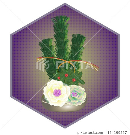 新年花卉插圖，六角形背景 134199237