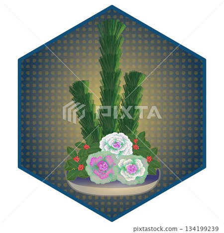新年花卉插圖，六角形背景 134199239