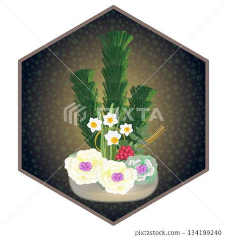 新年花卉插圖，六角形背景 134199240